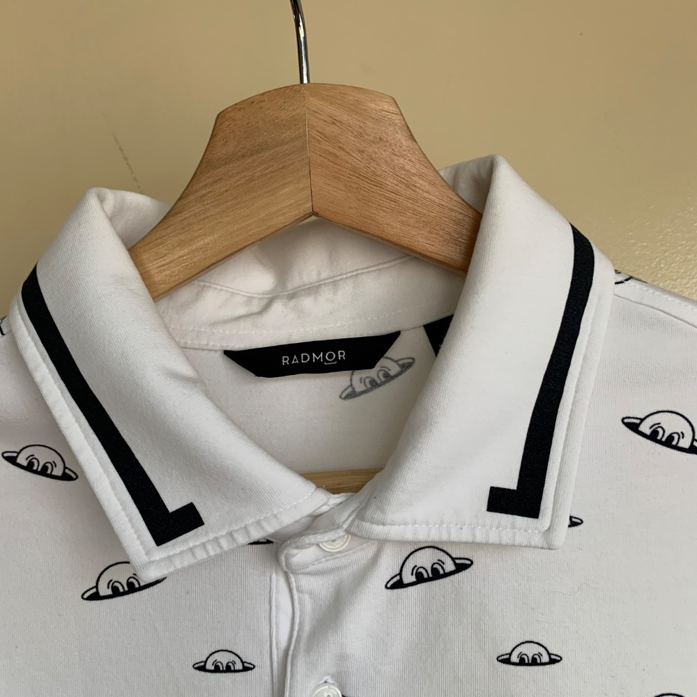 Radmor Men's Polo Golf Shirt Sz.M Pima Cotton White Blue Graphic Golf Ball Print - Picture 4 of 10